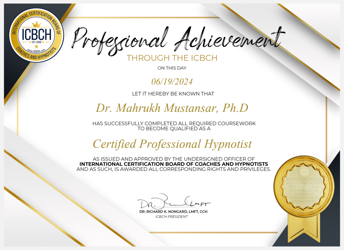 Certified Professional Hypnotist certificate naming Dr. Mahrukh Mustansar; open PDF to enlarge