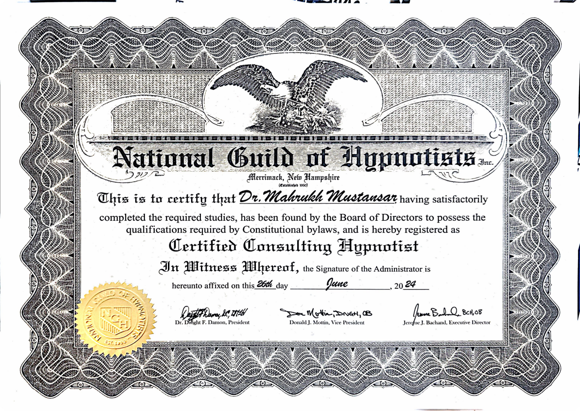 Certified Consulting Hypnotist certificate naming Dr. Mahrukh Mustansar; open PDF to enlarge