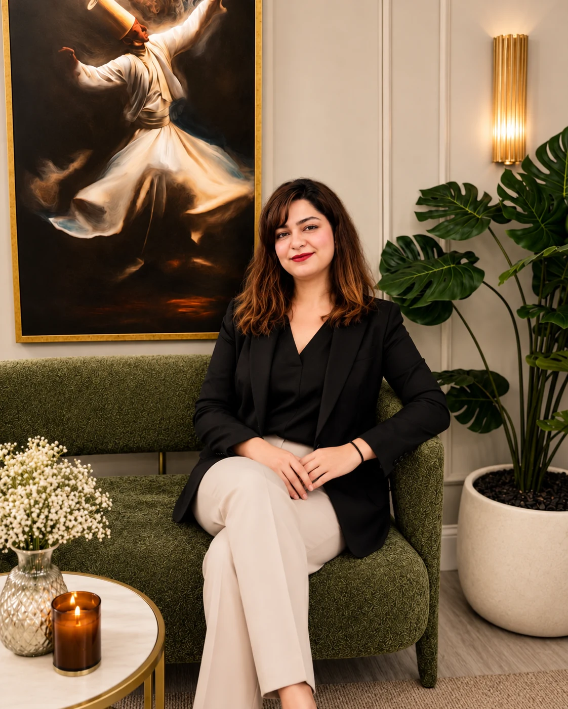 Dr. Mahrukh seated beside a whirling dervish painting