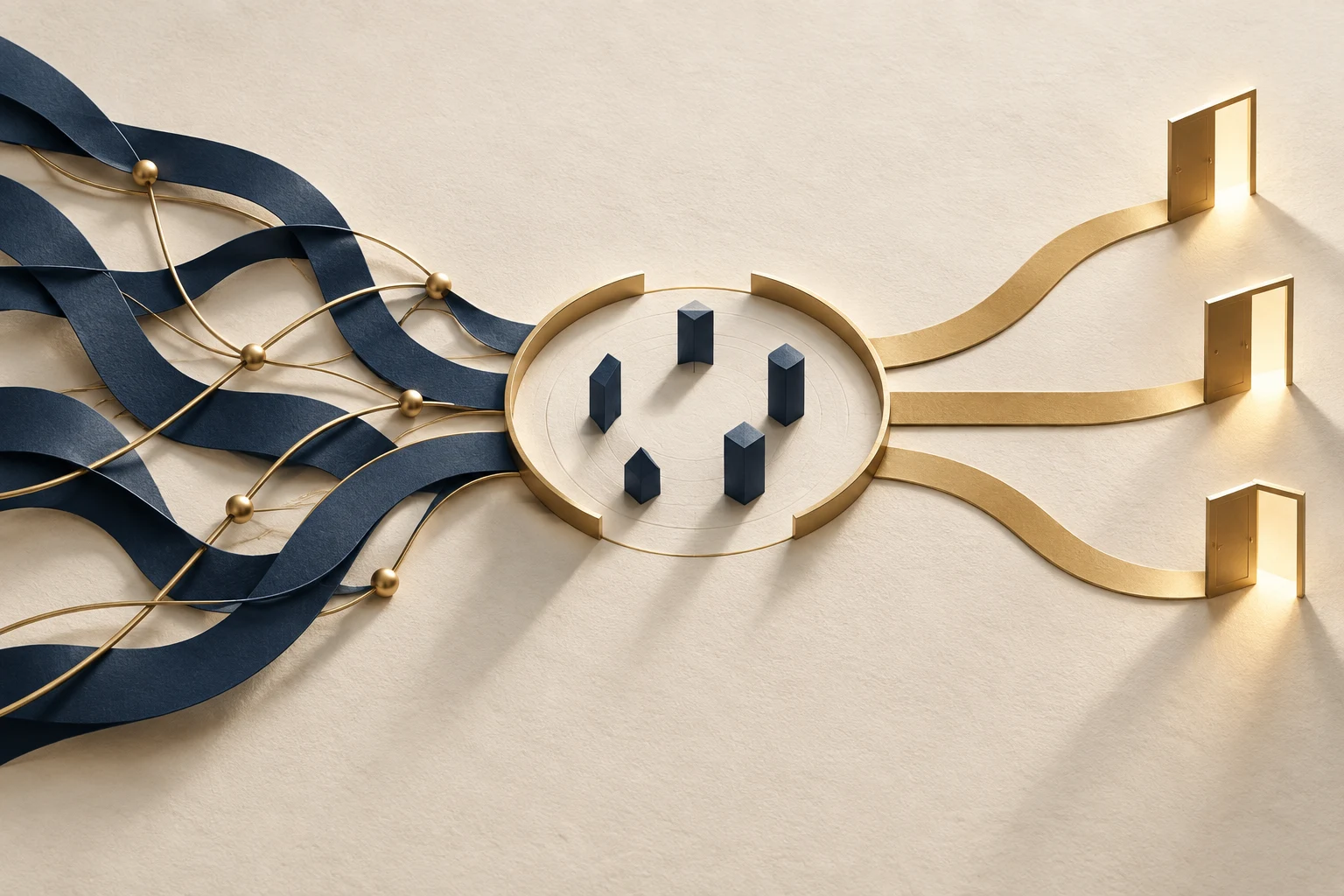 Conceptual sculpture of competing paths meeting in an open forum and continuing toward several possible directions