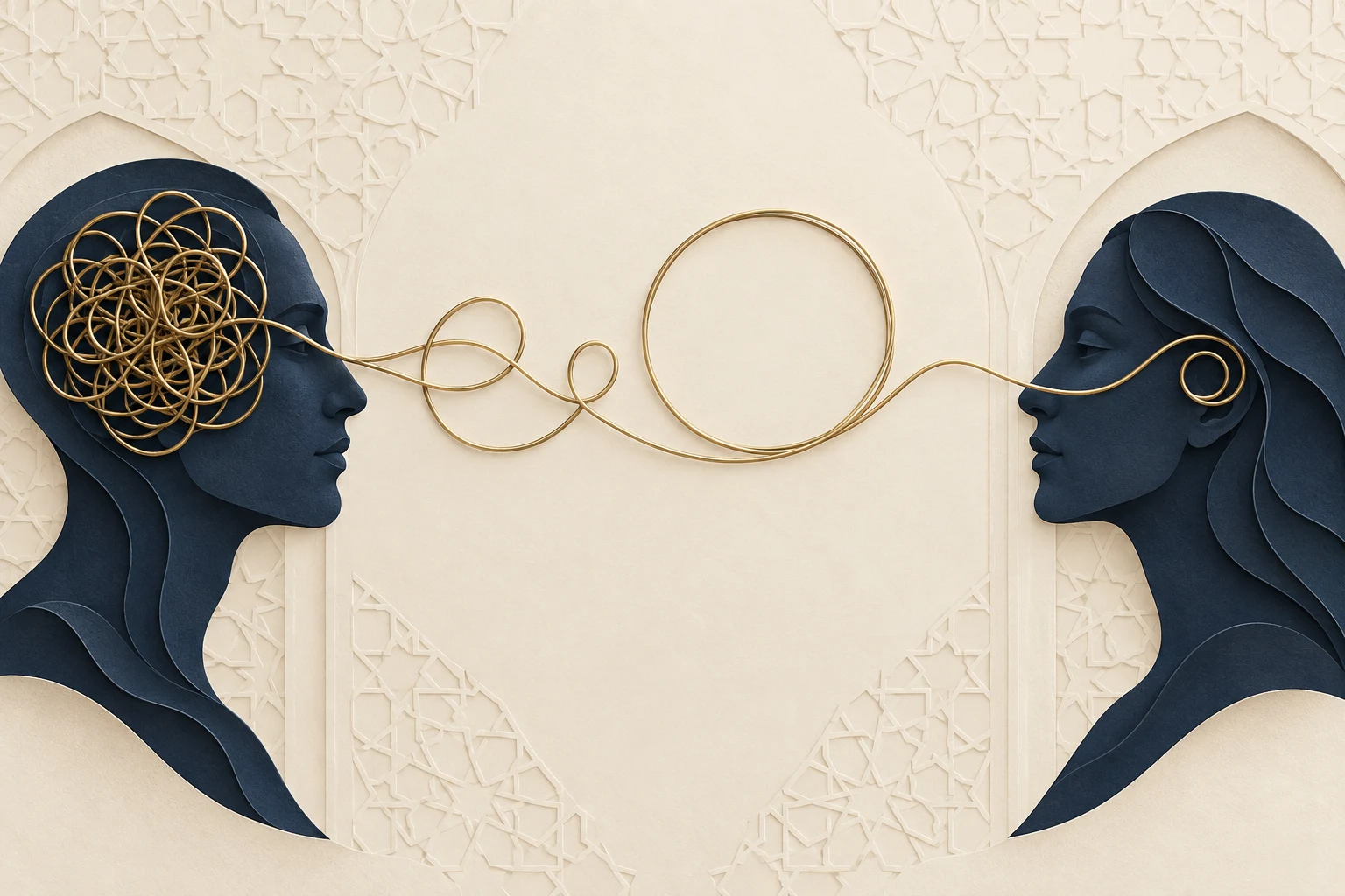 Conceptual illustration of two profiles connected by a gold thread moving from a tangle into an open path